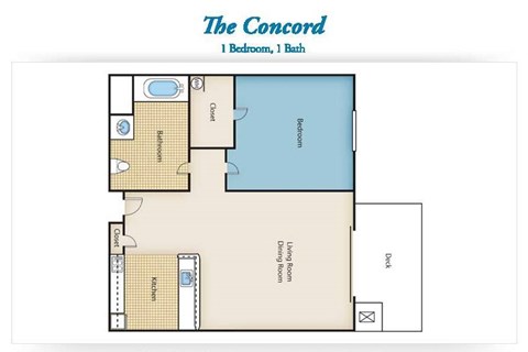 A floor plan of a one bedroom, one bath condo.